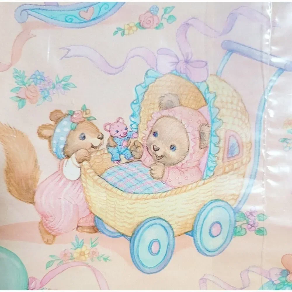 vintage hallmark Teddy Bear Bunny Rabbits ambassador pink 90s wrapping paper